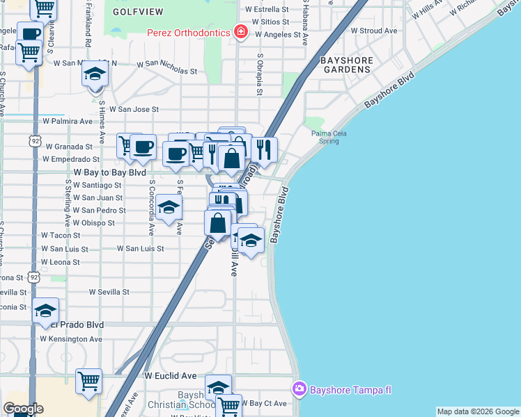 map of restaurants, bars, coffee shops, grocery stores, and more near 3202 Oakmont Mason Circle in Tampa