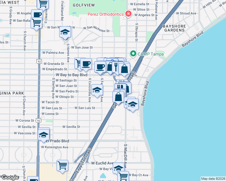 map of restaurants, bars, coffee shops, grocery stores, and more near 3107 South Esperanza Avenue in Tampa