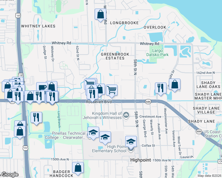map of restaurants, bars, coffee shops, grocery stores, and more near 2151 Poinciana Terrace in Clearwater