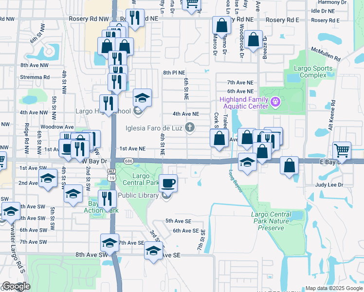 map of restaurants, bars, coffee shops, grocery stores, and more near 511 2nd Avenue Northeast in Largo