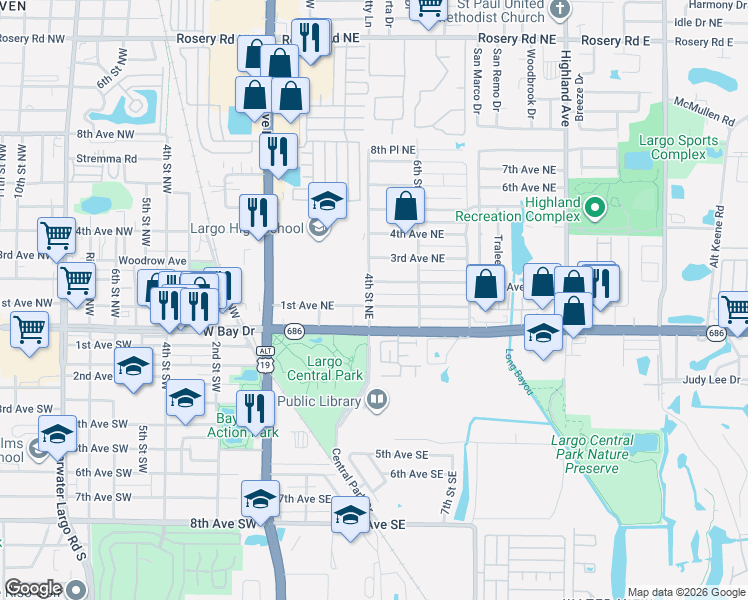 map of restaurants, bars, coffee shops, grocery stores, and more near 402 1st Avenue Northeast in Largo