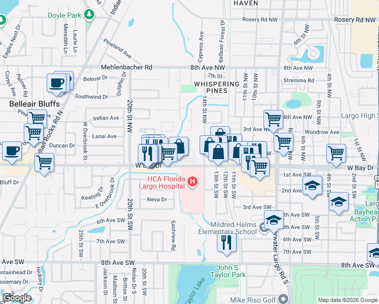 map of restaurants, bars, coffee shops, grocery stores, and more near 1597 Shirley Place in Largo