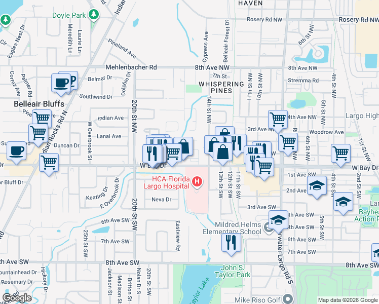 map of restaurants, bars, coffee shops, grocery stores, and more near 1597 Shirley Place in Largo