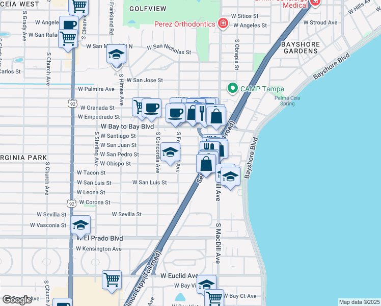 map of restaurants, bars, coffee shops, grocery stores, and more near 3205 West San Pedro Street in Tampa