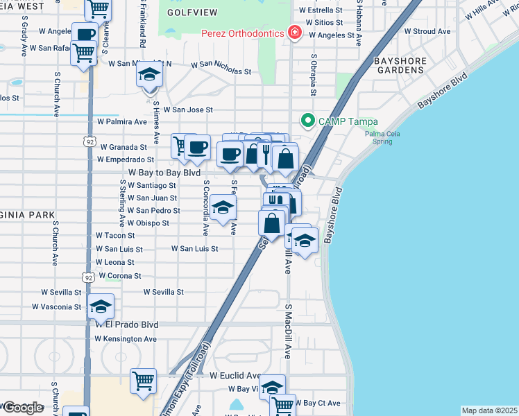 map of restaurants, bars, coffee shops, grocery stores, and more near 3107 South Esperanza Avenue in Tampa
