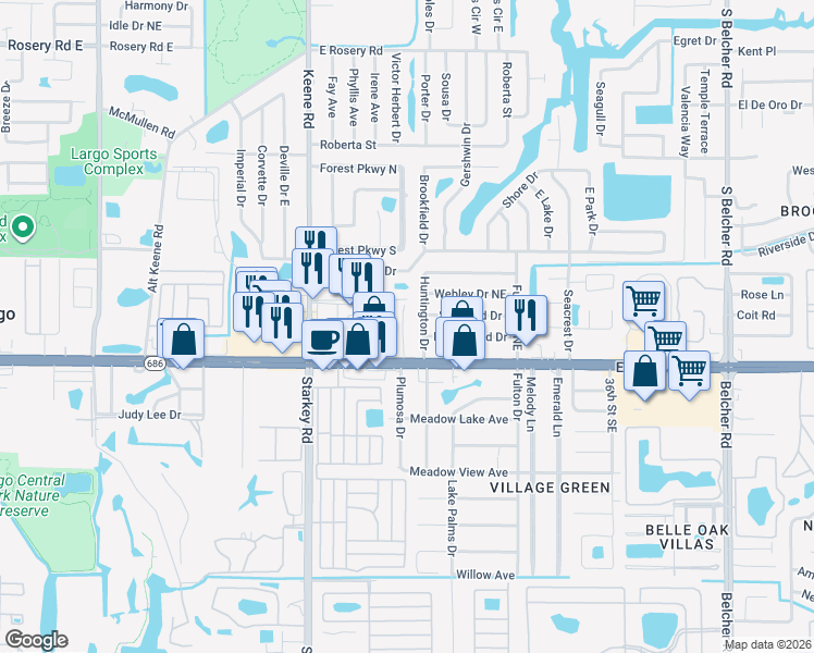 map of restaurants, bars, coffee shops, grocery stores, and more near 2750 East Bay Drive in Largo