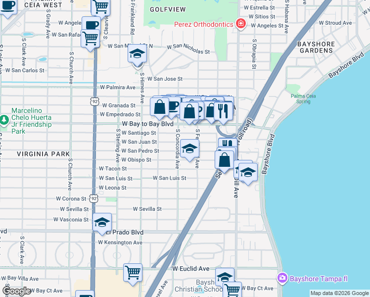 map of restaurants, bars, coffee shops, grocery stores, and more near 3319 West San Pedro Street in Tampa
