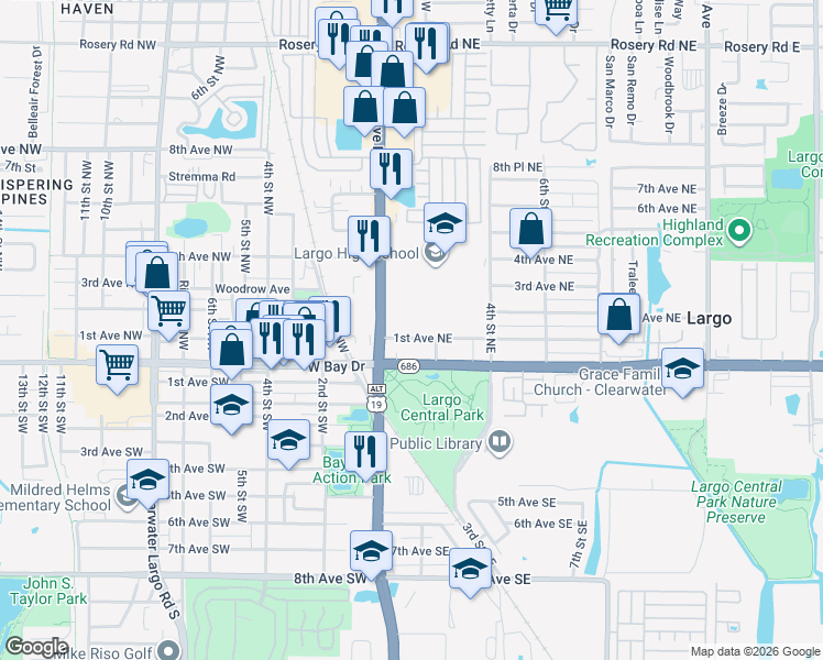map of restaurants, bars, coffee shops, grocery stores, and more near 102 1st Avenue Southwest in Largo
