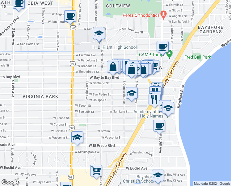 map of restaurants, bars, coffee shops, grocery stores, and more near 3419 West San Pedro Street in Tampa