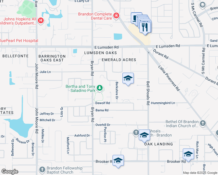 map of restaurants, bars, coffee shops, grocery stores, and more near 1406 Berkshire Court in Brandon