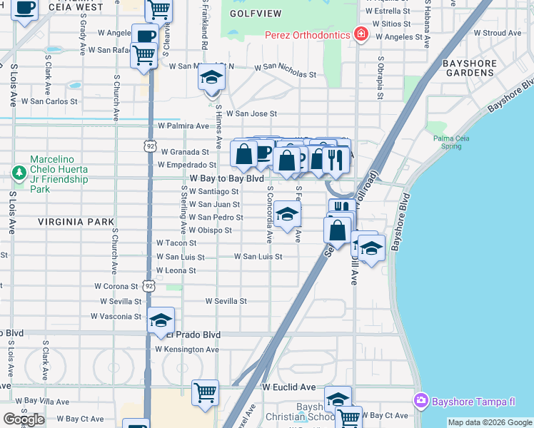 map of restaurants, bars, coffee shops, grocery stores, and more near 3319 West San Pedro Street in Tampa