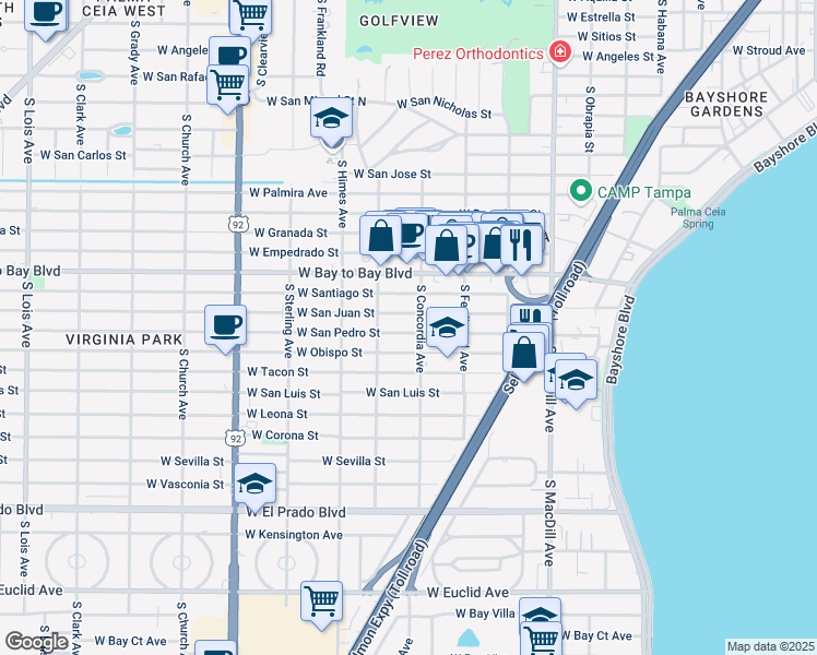 map of restaurants, bars, coffee shops, grocery stores, and more near 3319 West San Pedro Street in Tampa