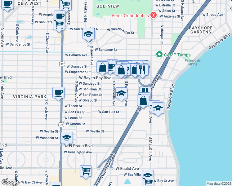 map of restaurants, bars, coffee shops, grocery stores, and more near 3319 West San Pedro Street in Tampa