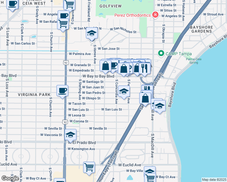map of restaurants, bars, coffee shops, grocery stores, and more near 3319 West San Pedro Street in Tampa