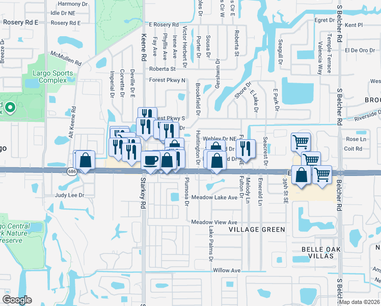 map of restaurants, bars, coffee shops, grocery stores, and more near 172 Huntington Drive in Largo