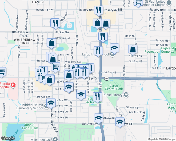 map of restaurants, bars, coffee shops, grocery stores, and more near 101 1st Street Northwest in Largo