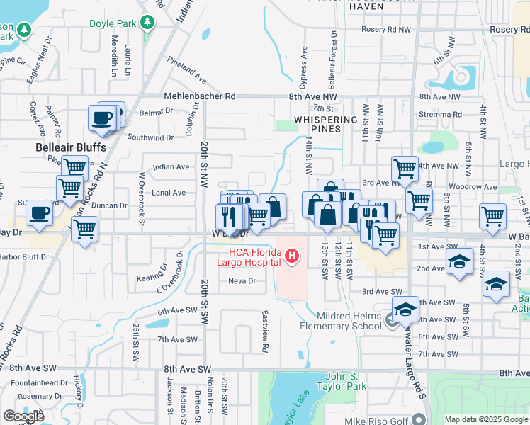 map of restaurants, bars, coffee shops, grocery stores, and more near 121 Velma Drive West in Largo