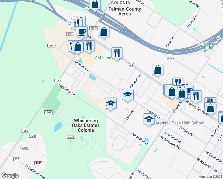 map of restaurants, bars, coffee shops, grocery stores, and more near 309 Pvt Road 120E in Aransas Pass
