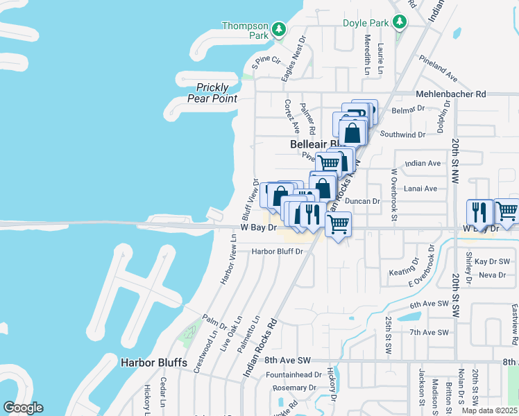 map of restaurants, bars, coffee shops, grocery stores, and more near 147 Bluff View Drive in Belleair Bluffs