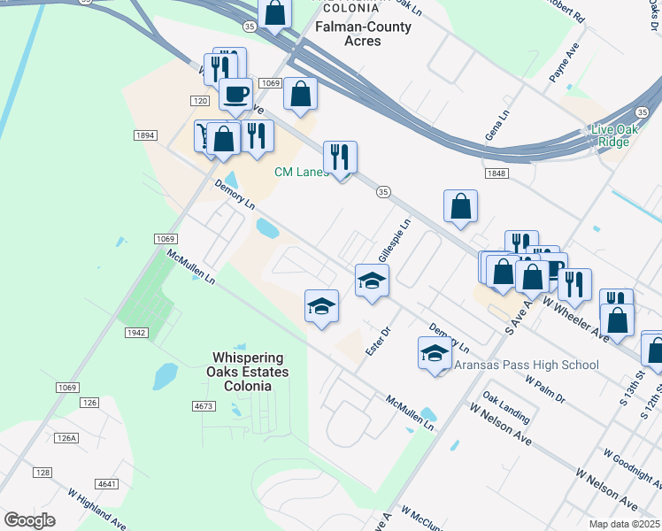 map of restaurants, bars, coffee shops, grocery stores, and more near 309 Pvt Road 120E in Aransas Pass