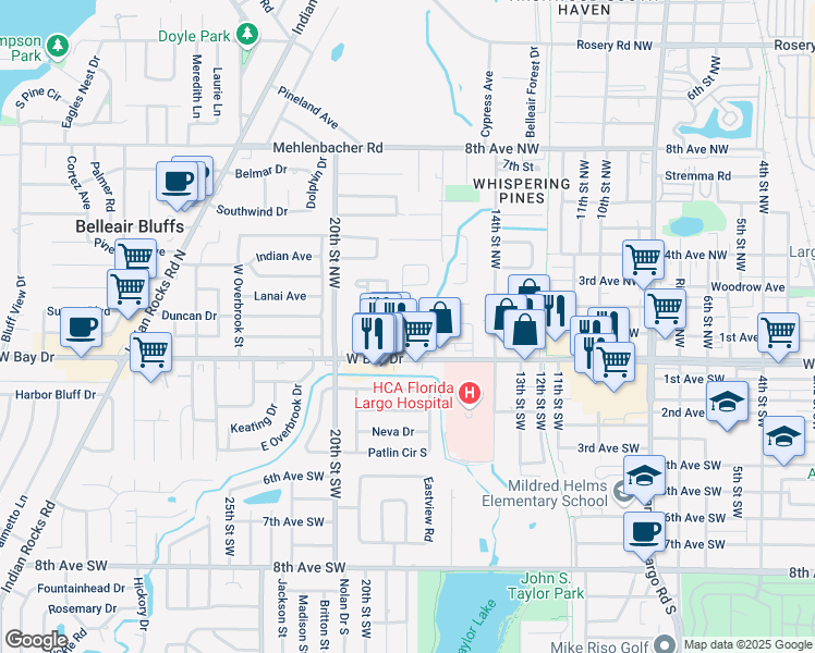 map of restaurants, bars, coffee shops, grocery stores, and more near 121 Velma Drive West in Largo