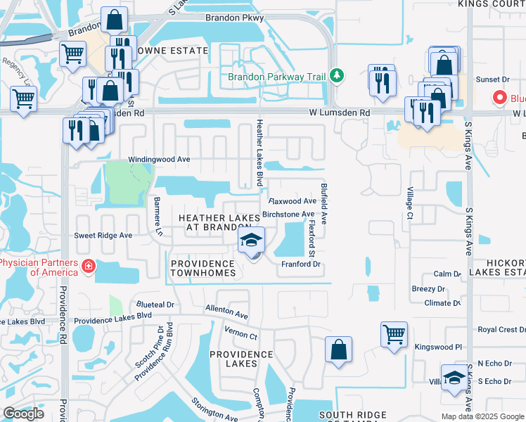 map of restaurants, bars, coffee shops, grocery stores, and more near 1446 Birchstone Avenue in Brandon