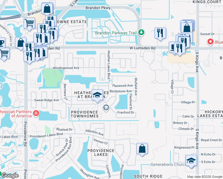 map of restaurants, bars, coffee shops, grocery stores, and more near 1444 Birchstone Avenue in Brandon