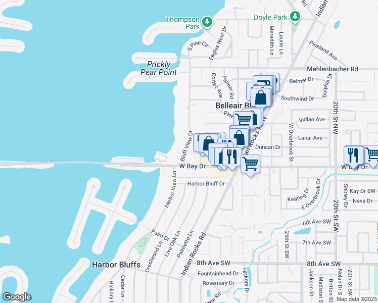 map of restaurants, bars, coffee shops, grocery stores, and more near 147 Bluff View Drive in Belleair Bluffs
