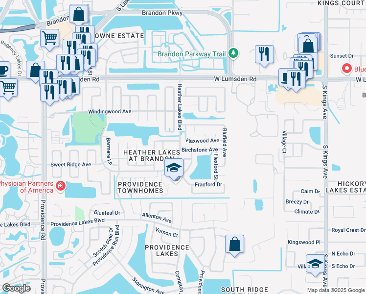 map of restaurants, bars, coffee shops, grocery stores, and more near 1446 Birchstone Avenue in Brandon