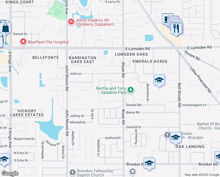 map of restaurants, bars, coffee shops, grocery stores, and more near 1410 Audrey Drive in Brandon
