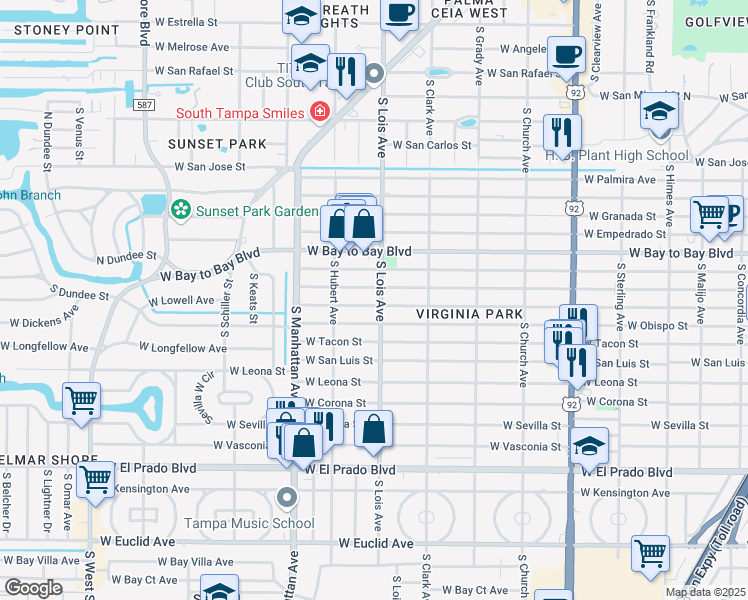 map of restaurants, bars, coffee shops, grocery stores, and more near 4209 West San Pedro Street in Tampa