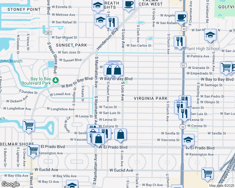 map of restaurants, bars, coffee shops, grocery stores, and more near 4209 West San Pedro Street in Tampa