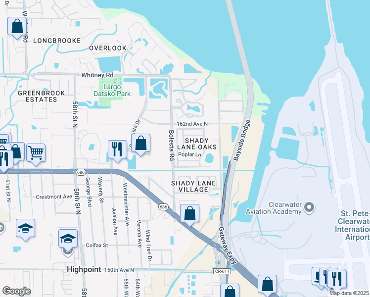 map of restaurants, bars, coffee shops, grocery stores, and more near 164 Redwood Lane in Clearwater