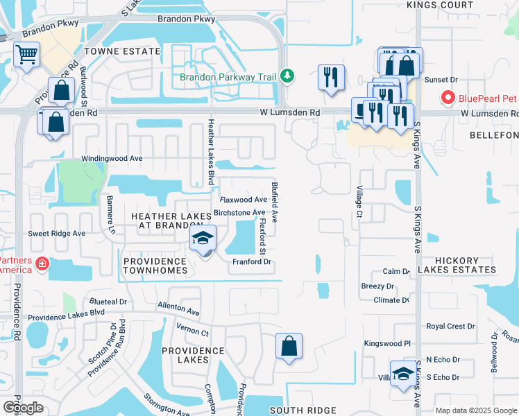 map of restaurants, bars, coffee shops, grocery stores, and more near 1408 Birchstone Avenue in Brandon
