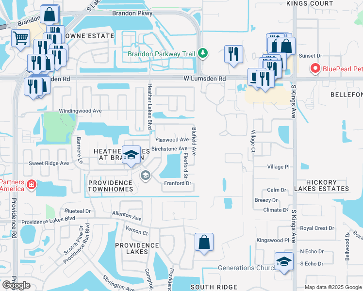 map of restaurants, bars, coffee shops, grocery stores, and more near 1408 Birchstone Avenue in Brandon