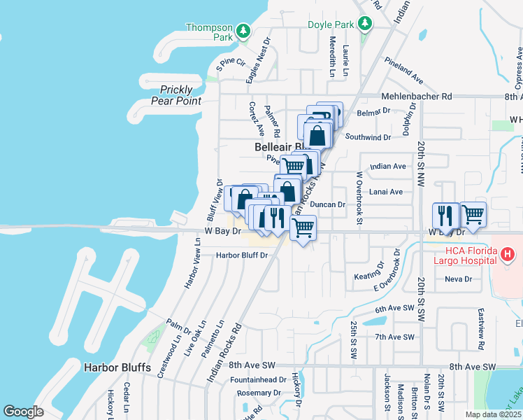 map of restaurants, bars, coffee shops, grocery stores, and more near 2939 Los Altos Drive in Belleair Bluffs