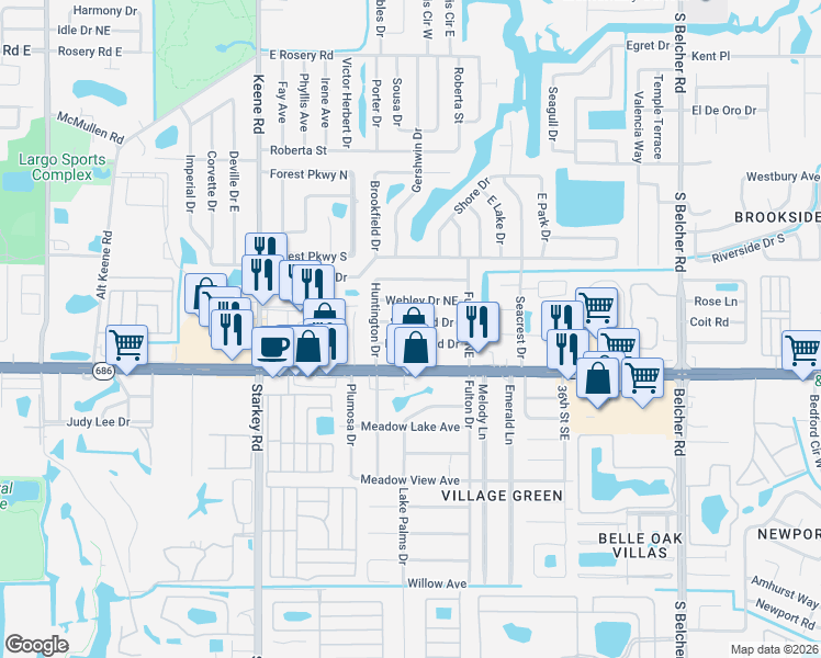 map of restaurants, bars, coffee shops, grocery stores, and more near 2968 Stratford Drive in Largo