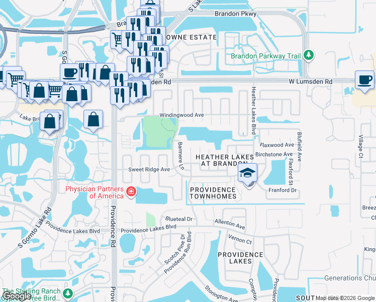 map of restaurants, bars, coffee shops, grocery stores, and more near 1207 Rinkfield Place in Brandon