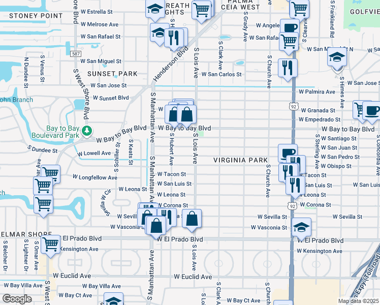map of restaurants, bars, coffee shops, grocery stores, and more near 4209 West San Pedro Street in Tampa