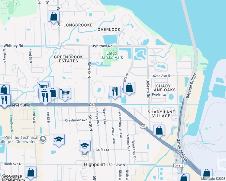 map of restaurants, bars, coffee shops, grocery stores, and more near 15894-15936 Bay Vista Drive in Clearwater