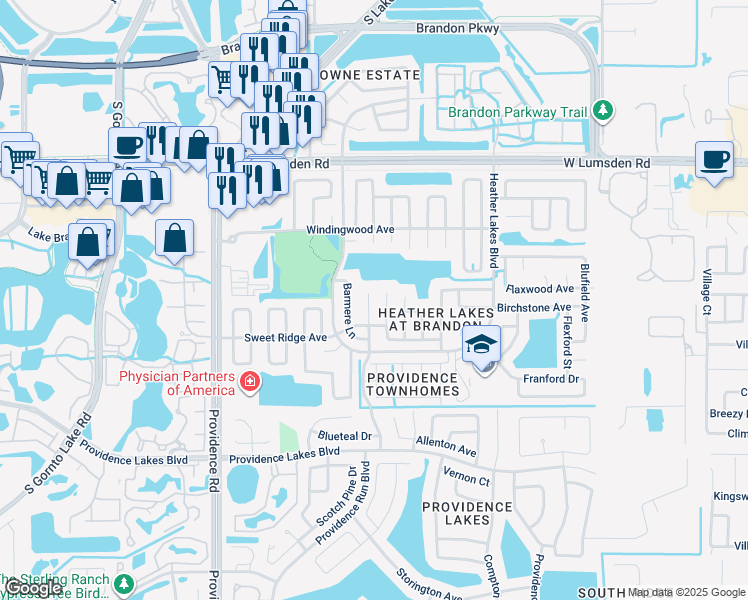 map of restaurants, bars, coffee shops, grocery stores, and more near 1208 Rinkfield Place in Brandon