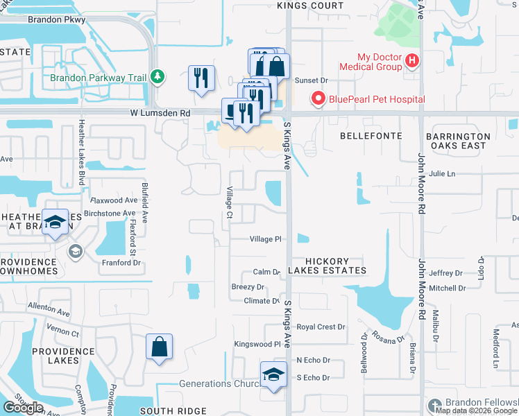 map of restaurants, bars, coffee shops, grocery stores, and more near 1701 Ketch Place in Brandon