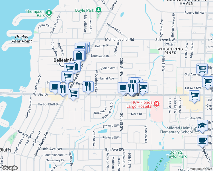 map of restaurants, bars, coffee shops, grocery stores, and more near 2214 Duncan Drive in Belleair Bluffs