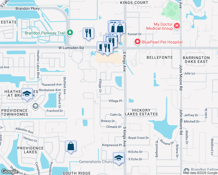 map of restaurants, bars, coffee shops, grocery stores, and more near 1701 Ketch Place in Brandon