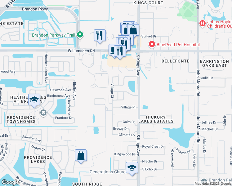 map of restaurants, bars, coffee shops, grocery stores, and more near 1701 Village Court in Brandon