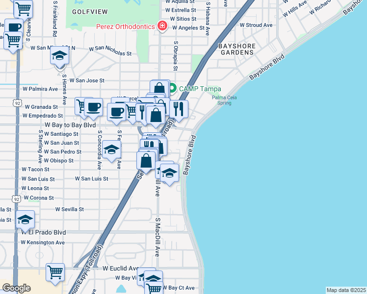 map of restaurants, bars, coffee shops, grocery stores, and more near 3108 Seaway Court in Tampa