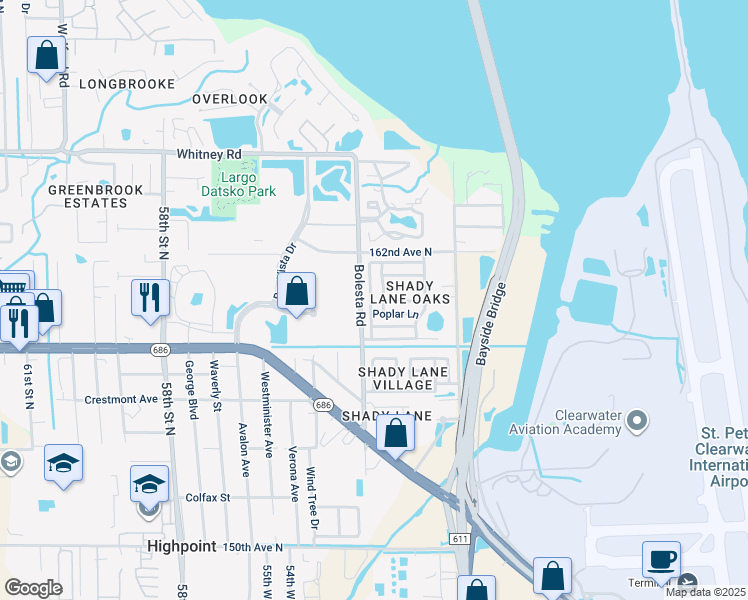 map of restaurants, bars, coffee shops, grocery stores, and more near 164 Redwood Lane in Clearwater
