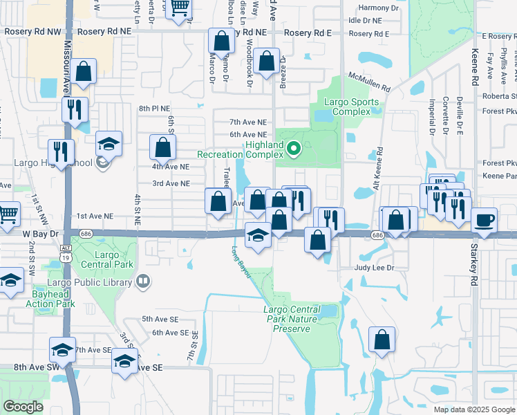 map of restaurants, bars, coffee shops, grocery stores, and more near 1169 2nd Avenue Northeast in Largo