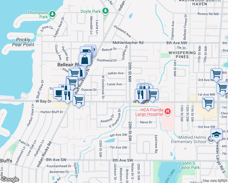 map of restaurants, bars, coffee shops, grocery stores, and more near 2214 Duncan Drive in Belleair Bluffs