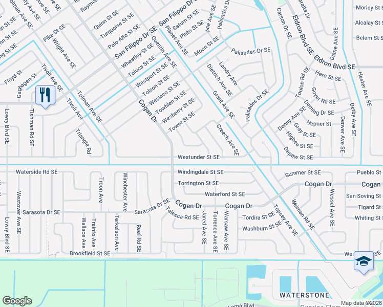 map of restaurants, bars, coffee shops, grocery stores, and more near 1139 Westunder Street Southeast in Palm Bay